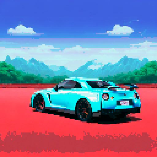 Photorealistic whole Nissan GT-R, three-quarter view, right front wheel, clean background, sRGB colors, pixel art style
