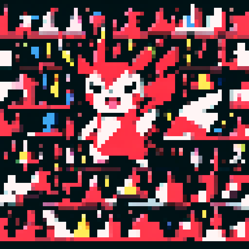 Red and white pixelated Pikachu with pointy ears and a zigzag tail, surrounded by a colorful array of pixel art Pokemon characters on a black sRGB background