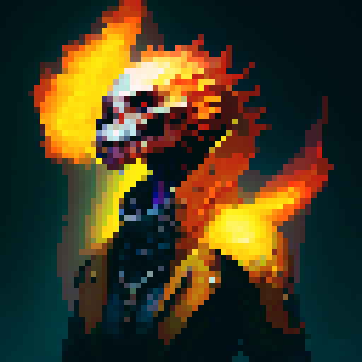 Skeleton engulfed in roaring flames, pixelated profile picture, capturing the essence of a fantasy RPG