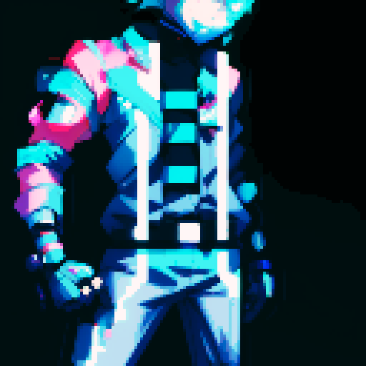 sprite of a cyberpunk space trader, futuristic design with a cybernetic arm, a visor over the eyes, and wears a trench coat with glowing lines. blue and teal with neon pink and yellow accents, distinct sci-fi aesthetic. The visor illuminated from within, glowing yellow-orange, cybernetic arm intricate detailing, advanced technology. The character confident posture, taking step forward. Mid-step, arms extended