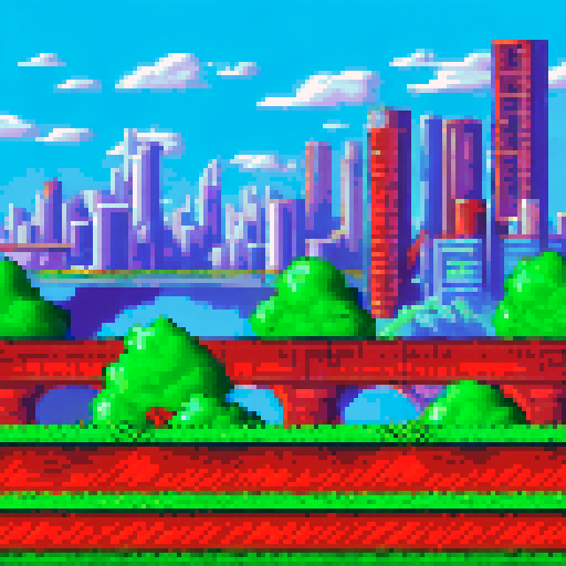 Side view of moving train exterior, pixel art, 16-bit retro game style, colorful modern train wagons in blue red yellow scheme, detailed windows with passenger silhouettes inside, urban subway train design, railway tracks below with steel rails and wooden sleepers, city buildings and skyscrapers in background layers for parallax scrolling, overhead electrical cables and signals, side-scrolling endless runner background.