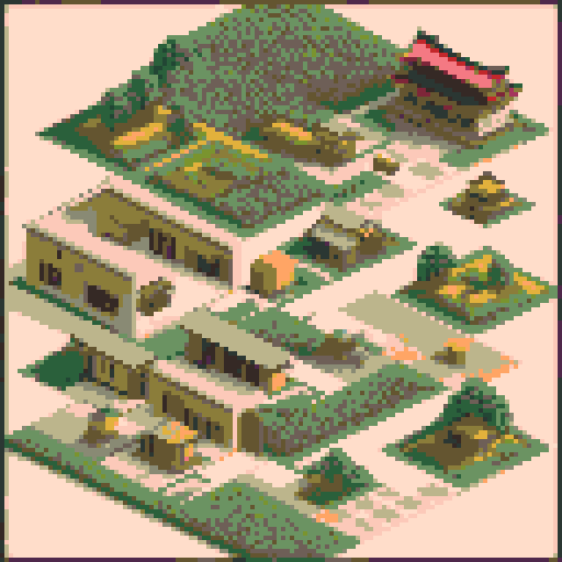 muromachi feudal japan minimalist city tileset with seamless repeatable tiles for buildings and walls and assets including woven baskets, sake containers, banners, and other traditional decorations