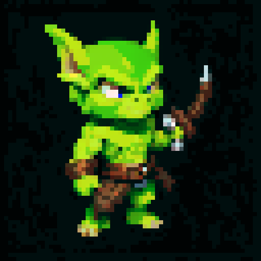 A stronger, more battle-ready goblin with sharper features, armor pieces, and a better-crafted weapon. It has a fierce expression and a muscular build. No background.
