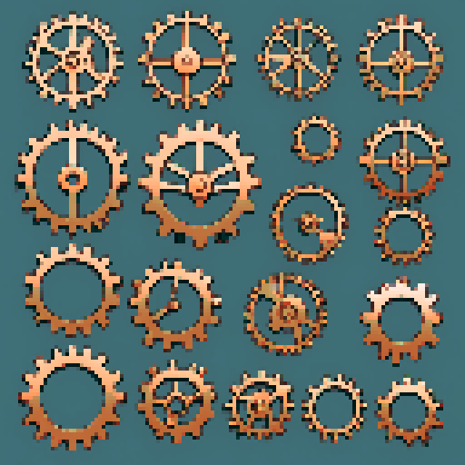 I want a copper gear that looks like it was made by a master clockmaker. It should have strange mechanical details that could interlock with each other. I also want this object usable an asset in a videogame, meaning only one object per image, outlined with a strong black stroke, on a solid-color background.