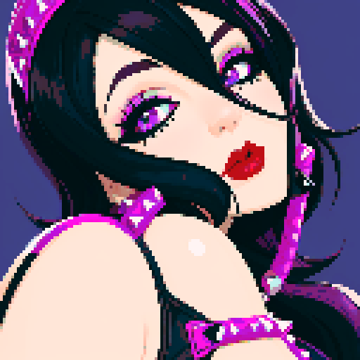 curvy, cute goth woman's face, black hair, purple eyeshadow, red lipstick, studded leather bikini, face portrait, beauty photo, vibrant sRGB colors. 16 bit style