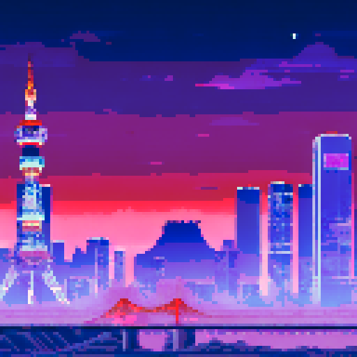Tokyo tower, illuminated in vibrant pinks and purples, stands tall against the backdrop of a pixel art cityscape, reminiscent of a vaporwave dreamscape Mount Fuji, majestic and serene, completes the sRGB landscape, casting its shadow over the shimmering metropolis