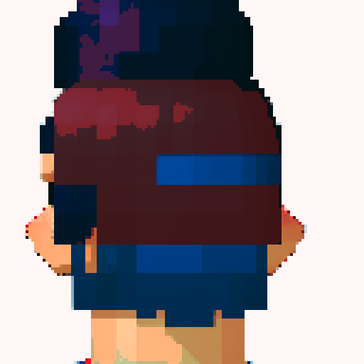 Side profile of a whimsical, blue-haired character with vibrant, pixelated features, set against a backdrop of a retro, sRGB color palette