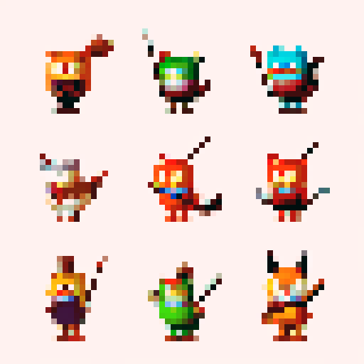 Various animals holding broomsticks forming a united front.