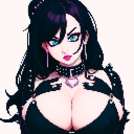 curvy, busty cute goth babe with studded collar, big titty goth wearing halter top, beautiful eye glamour shot, pixel art, sRGB