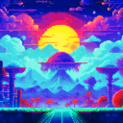 Huge, cylindrical space station orbiting a purple gas giant with electric storms, featuring a sprawling landscape of domes, solar panels, and antennae in retro-futuristic pixel art style against a starry sRGB background