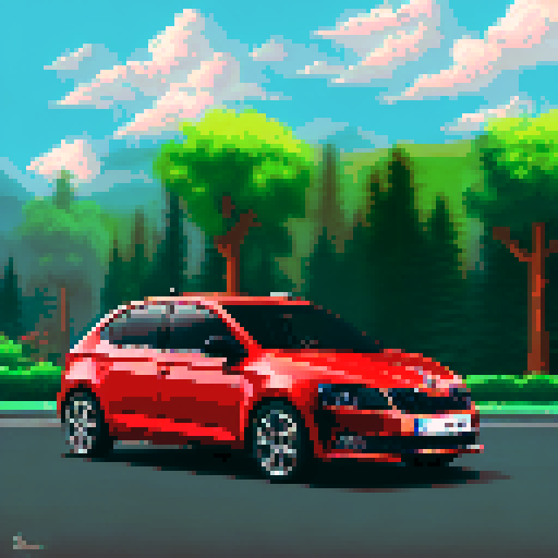 Photorealistic whole Skoda Rapid, centered, three-quarter view, right front wheel, clean background, sRGB colors, pixel art style