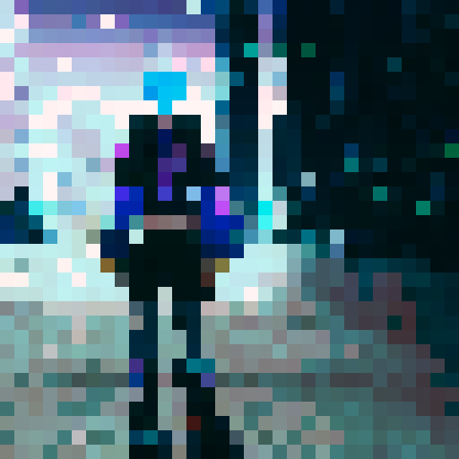 A futuristic cityscape surrounded by towering skyscrapers and neon lights, with a lone samurai perched atop a rooftop, wielding a glowing katana against a backdrop of swirling purple and blue clouds.