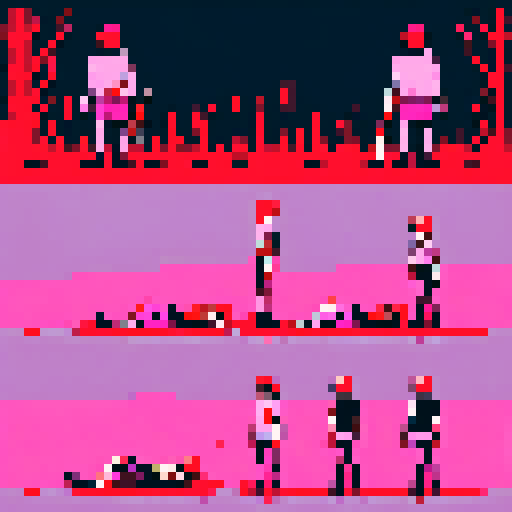 gory scene, blood splatters, dismembered limbs, pixelated gore, sRGB color palette