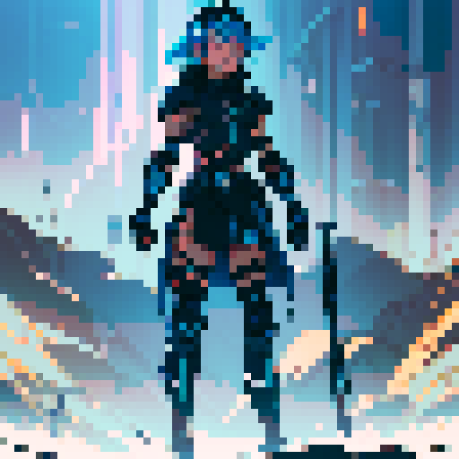 athletic female, exuding strength and agility. shoulder-length Midnight Blue hair, streaked with Royal Blue highlights. armor is a sleek combination of Dark Slate Blue and Neon Cyan, Steel Gray accents cover her gauntlets and shin guards, Charcoal Black underlayer. glowing Gold artifact on chest and Blue visor. utility belt, in Dark Gray with Neon Purple details, and black boots with Cyan highlights