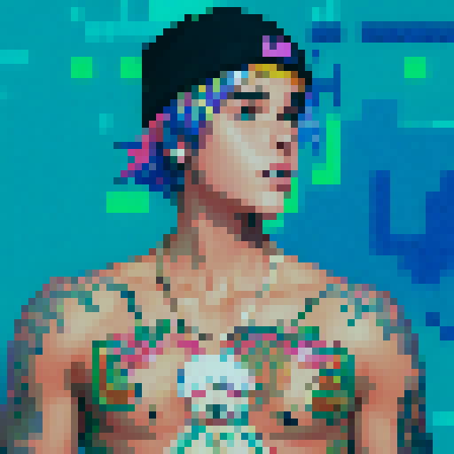 Justin Bieber with vibrant neon hair, wearing a retro 80s jacket covered in colorful pixel art patches, surrounded by a pixelated crowd of fans, against a backdrop of a pulsating sRGB color spectrum