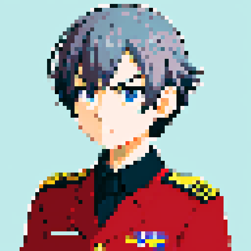 minister of defense, serious expression, graying hair, piercing eyes, close-up, confident stance, anime style, pixel art, military uniform, front view