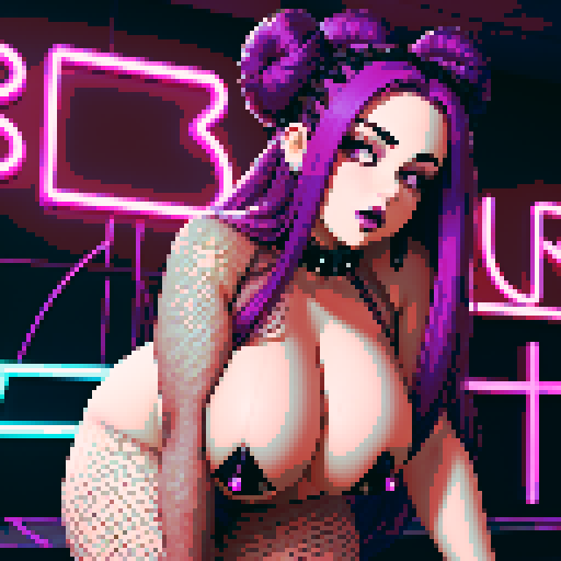 Thicc, curvy, seductive busty goth babe with studded collar, long purple hair in buns, fishnet stockings. aroused nude big titty goth bending over in a close-up nude sexy pose. neon signage. sRGB