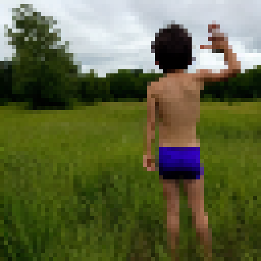  Naked seven-year-old boy, standing in a field with bright green grass and wildflowers around him. He has brown hair and is looking up at the sky, his eyes wide and mouth slightly open as if he's about to say something or laugh. His hands are clasped together behind his back, feet shoulder width apart, wearing only a smile