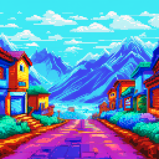 snow-capped mountains, dilapidated houses, ancient ruins, vibrant pixelated colors, sRGB palette, detailed background, awe-inspiring landscape