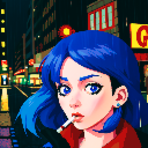 Blue haired 90s pop girl, smoking a cigarette, downtown, in the rain, gritty