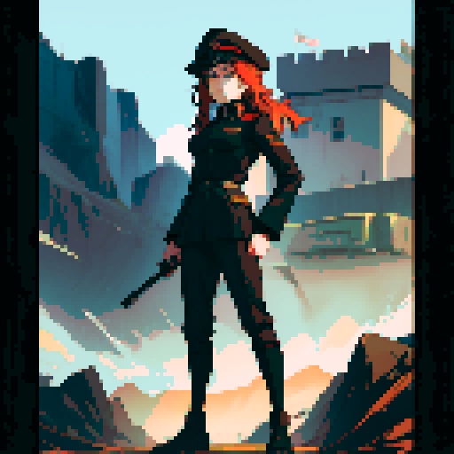 full-body image, military general woman, black uniform, black hat, fortress, tanks, facing left, ready to fight