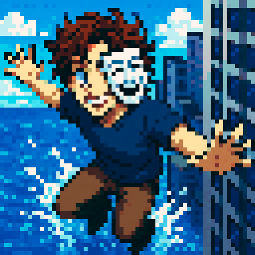 medium length wavy brown haired man falling into the ocean from a skyscraper. Smile on his face. Greek comedy mask. Gray eyes, anime style vibrant. 