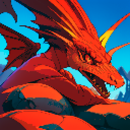 red dragon, vibrant red scales, fierce gaze, sharp claws, majestic wings, lounging lazily, shimmering pile of gold, intricate details, pixelated art style, sRGB color profile