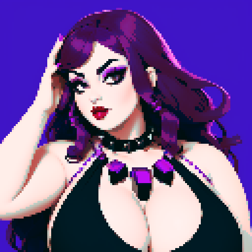 Plus size busty goth girl, with long purple hair, eyeliner, red lipstick. wearing a halter top and spiked collar. Posing for a up close face portrait.  vibrant sRGB colors, pixel art, edgy aesthetic