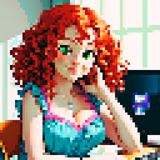 cute, curly redhead with green eyes, smiling, cleavage, pink and blue dress, sitting at gaming desk with grey cat, pixel art, sRGB