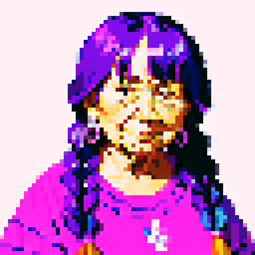 elderly native American woman with purple hair in short braids, and a soft smile