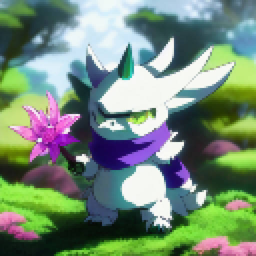 Ralsei, the fluffy, white-furred, horned creature, stands in a lush, green forest surrounded by vibrant, blooming flowers, holding a magical staff with a shimmering, star-shaped tip in classic anime style.