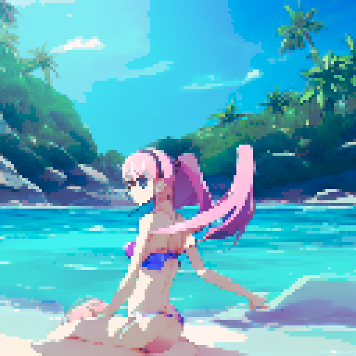 Bikini-clad beauty lounging on a tropical beach, surrounded by palm trees and crystal-clear waters, with her long, flowing hair and curvaceous figure depicted in a vibrant anime style.