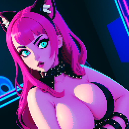 curvy, busty goth babe with studded collar. Nude big titty goth cat girl , in a close up nude glamour shot. Neon lighting, modern tile backsplash.