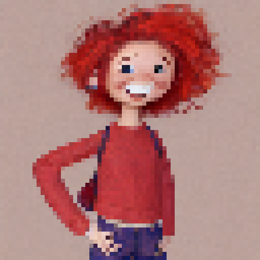 cartoony young girl with red-orange hair and a big smile, full body