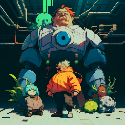 fat mad scientist, facing left, full-body image, exaggerated features, pixelated details, robot workshop backdrop, sRGB color palette