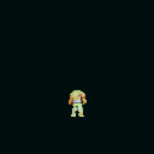 top-down RPG pixel male torso, muscular build, no head, completely naked, no shading, idle position, arms relaxed by the sides, legs slightly apart, 56x89 frames centered in a 128x128 canvas, transparent background, front facing.