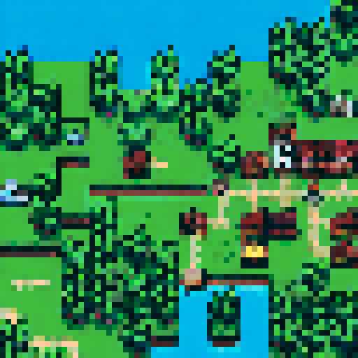 tall vibrant trees, whimsical mushrooms, cozy houses, colorful flowers, pixelated landscapes, enchanting atmosphere, immersive world, nostalgic art style, charming scenery, intricate designs, lively flora and fauna, landscape portrait
