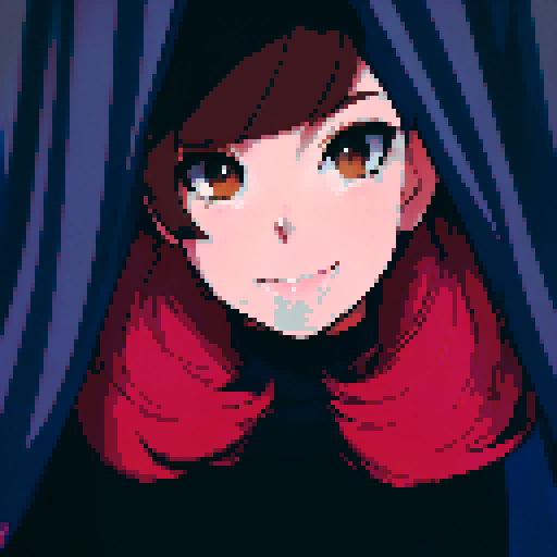 A brown-haired girl with brown eyes smiles as she stands amid blue curtains in a black dress and floating cherry blossom petals