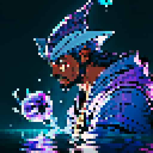 create a water element dark skinned bulky wizard with an amethyst and water inspired color palette. I need the wizard to look very intimidating.