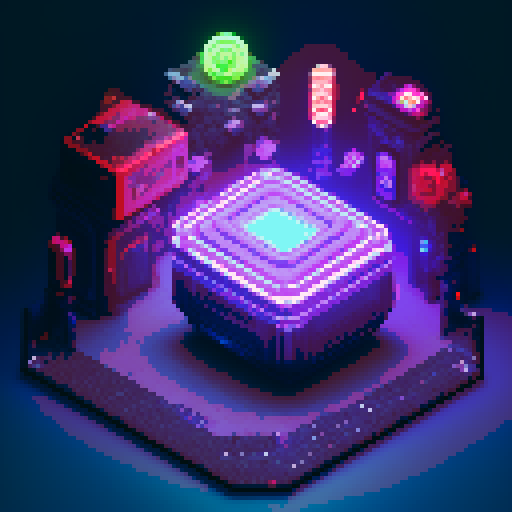 futuristic 4 tier lootbox, glowing buttons, silver box center, intricate details, pixel art style, sRGB