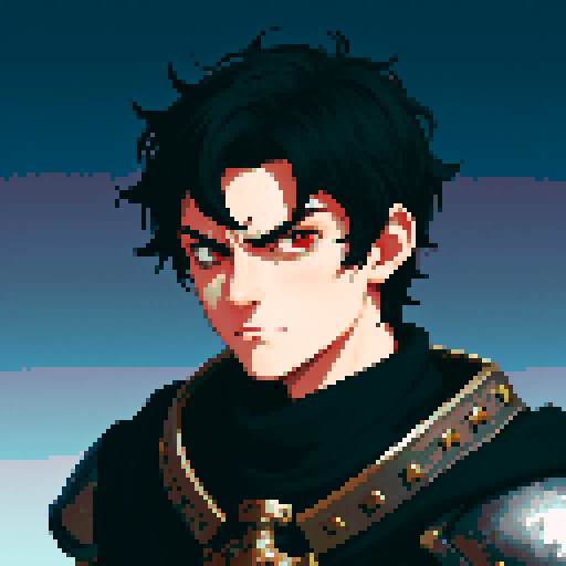Young man knight, short black hair, rugged medieval knight clothes, sad face, red eyes, a frown. Handsome. Sharp jawline. Medieval city background. Anime style. Fantasy rpg.