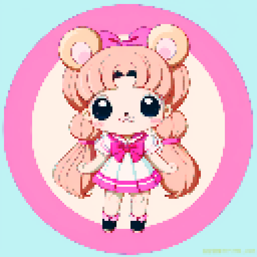 This image features a stylized bear inspired by Sailor Moon, depicted in a chibi art style. The bear has large, expressive eyes and a cute, youthful appearance. The hair is styled in long twin pigtails, accented with pink and gold ribbons, matching the color theme of the outfit, which includes a sailor-style collar and a pink bow. The background is pink with a subtle pattern, enhancing the character's playful and magical theme. This is a typical example of how popular anime characters 