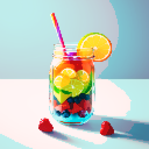 rainbow drink in mason jar with fruits, white background