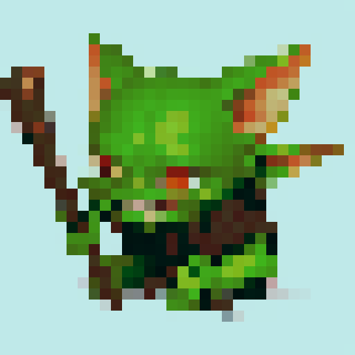 A small, green-skinned humanoid creature with pointy ears, sharp teeth, and a crude wooden club. It wears ragged clothes and has a mischievous expression on its face. The goblin has a lean, wiry build, with patches of dirt and scars covering its skin, indicating a rough and wild lifestyle. Its eyes are large and glowing with a cunning glint. No background.
