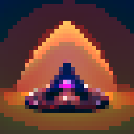alien spaceship, triangular shape, top down view, vibrant colors, pixel art, glowing lights, metallic exterior, sleek design, futuristic aesthetic, retro-inspired, intricate details, geometric patterns, otherworldly presence, sci-fi atmosphere, red