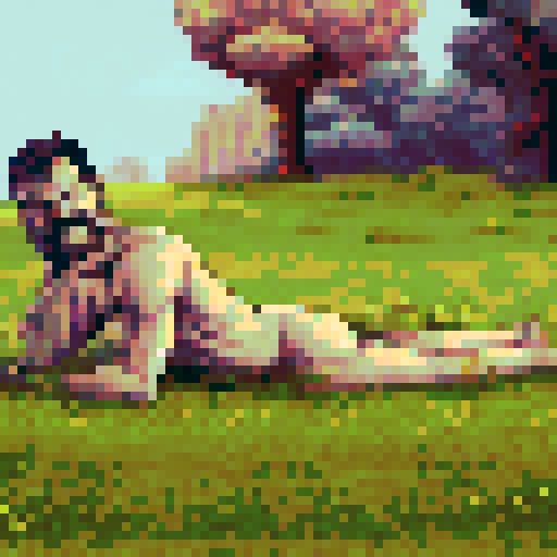 crazy, naked, long-haired man, sRGB, pixel art, grass field, front, background, landscape
