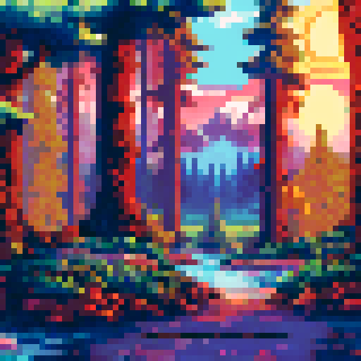 misty mountains with a bright pink sunrise, reflected in a serene lake surrounded by tall pine trees and a cozy cabin in the middle of the forest