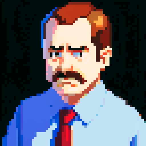 portrait, sprite art, middle aged man, bitter, depressed, IT worker, office worker, boss, stern