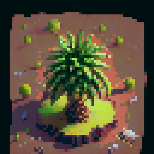 Giant Pineapple tree. Isometric view, set at night. With little baby pineapple saplings around.