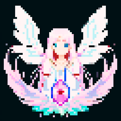 
Beautiful, ethereal angel with shimmering wings and flowing, liquid-like chrome body, rendered in minimalist pixel art with vibrant, dazzling sRGB colors. Large anime eyes. Visible nose